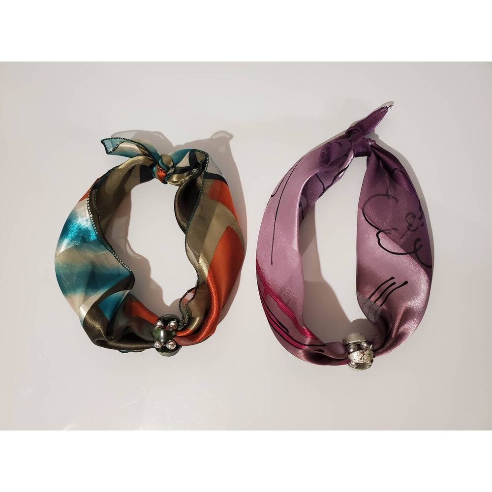 Set of 2 Vintage Satin Handkerchief Square Neck Scarves with Beaded Rings Retro